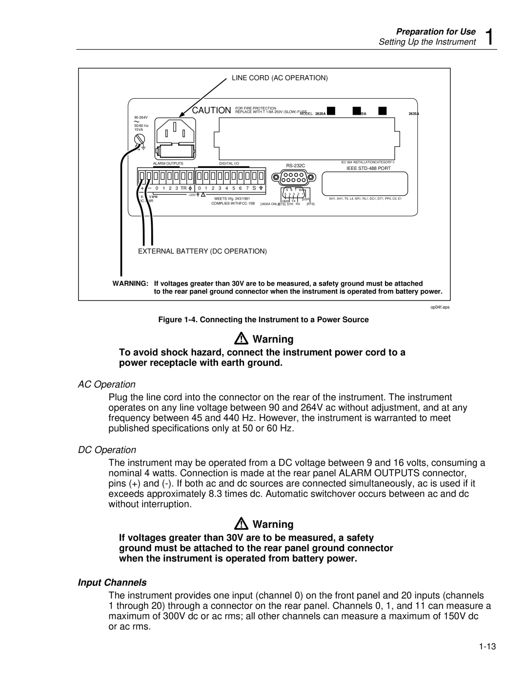 Fluke 2635A user manual AC Operation, DC Operation, Input Channels 