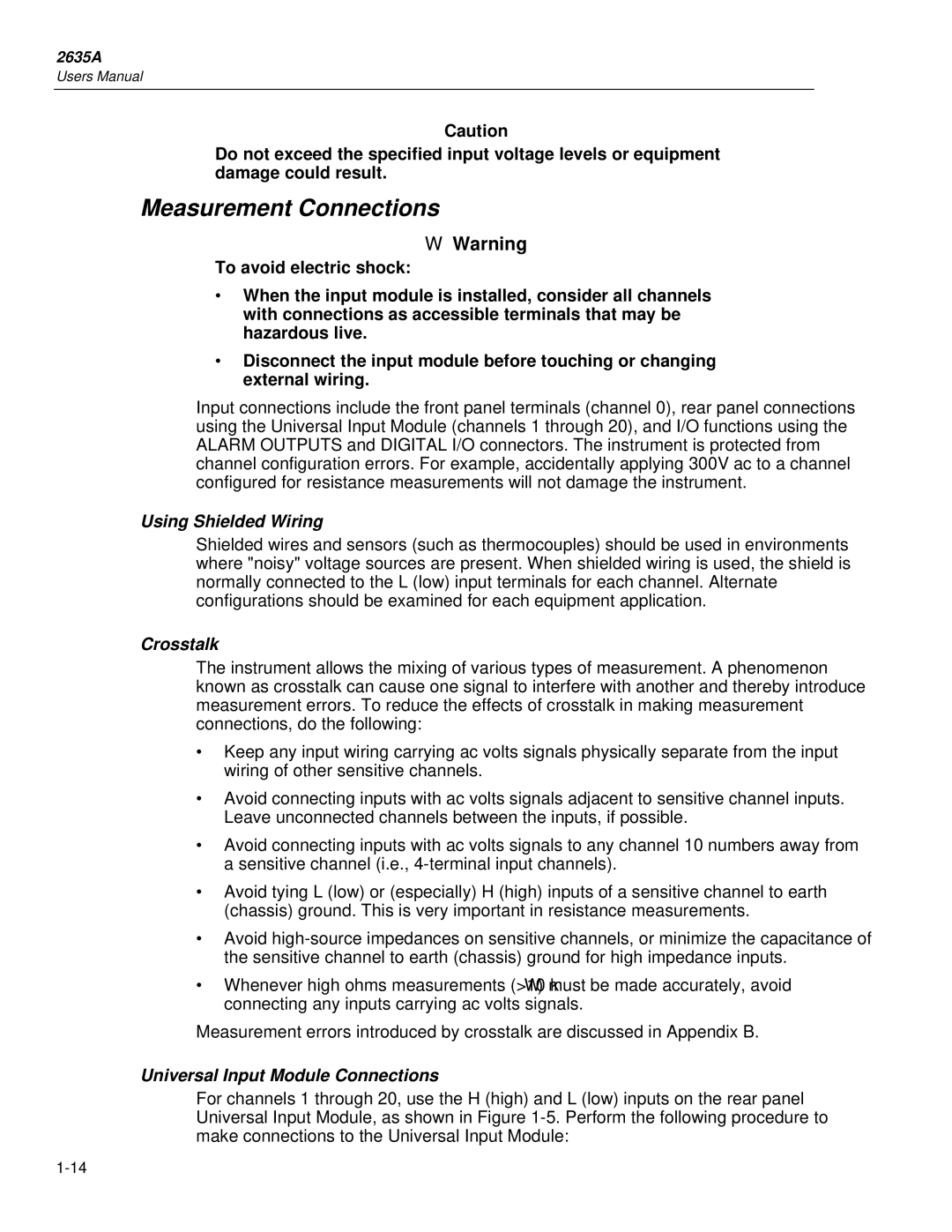 Fluke 2635A user manual Measurement Connections, Using Shielded Wiring, Crosstalk, Universal Input Module Connections 