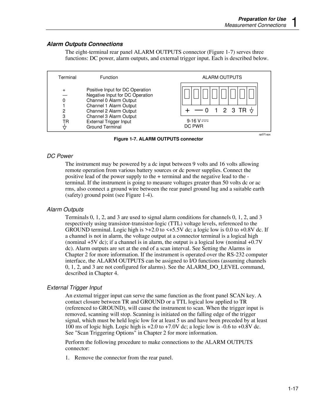 Fluke 2635A user manual Alarm Outputs Connections, DC Power, External Trigger Input 