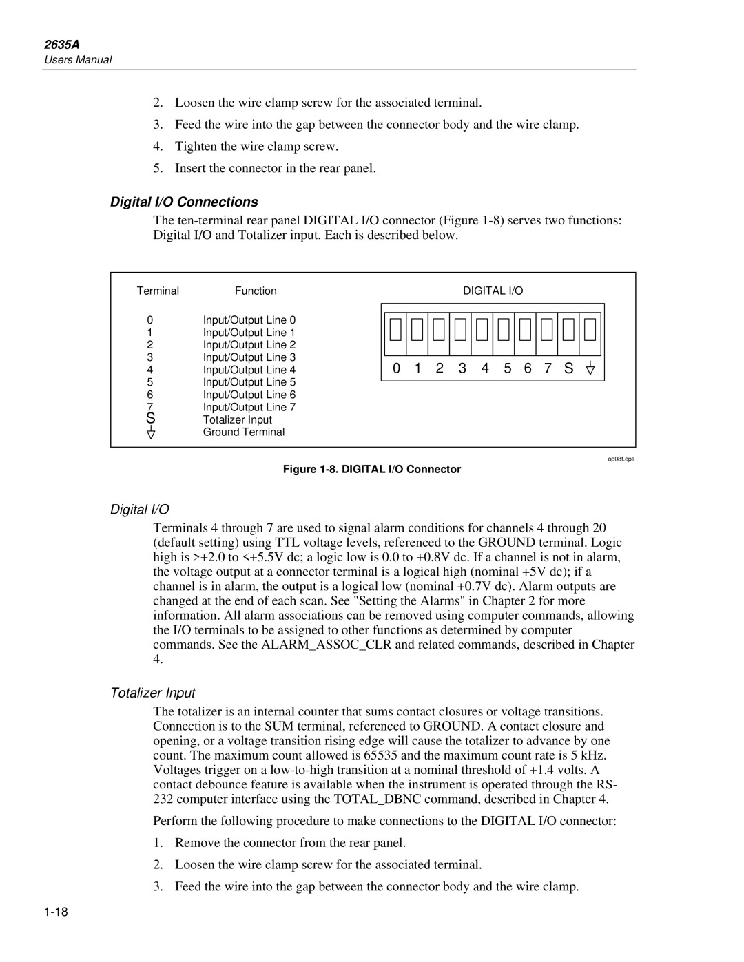 Fluke 2635A user manual Digital I/O Connections, Totalizer Input 