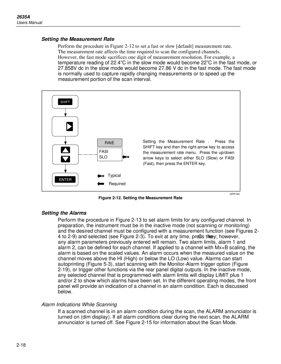 Fluke 2635A user manual Setting the Measurement Rate, Setting the Alarms, Alarm Indications While Scanning, RAtE 