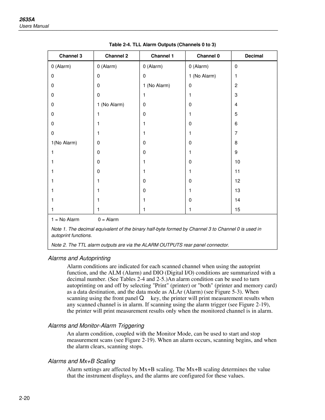 Fluke 2635A user manual Alarms and Autoprinting, Alarms and Monitor-Alarm Triggering, Alarms and Mx+B Scaling 