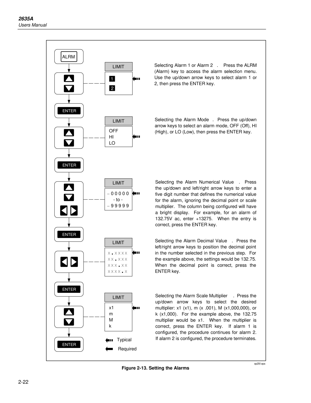 Fluke 2635A user manual Alrm Limit, Setting the Alarms 