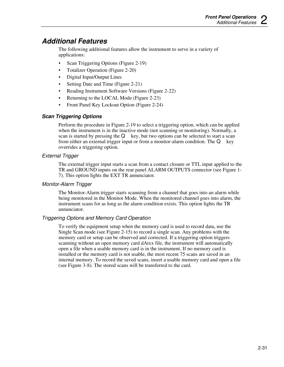 Fluke 2635A user manual Additional Features, Scan Triggering Options, External Trigger, Monitor-Alarm Trigger 