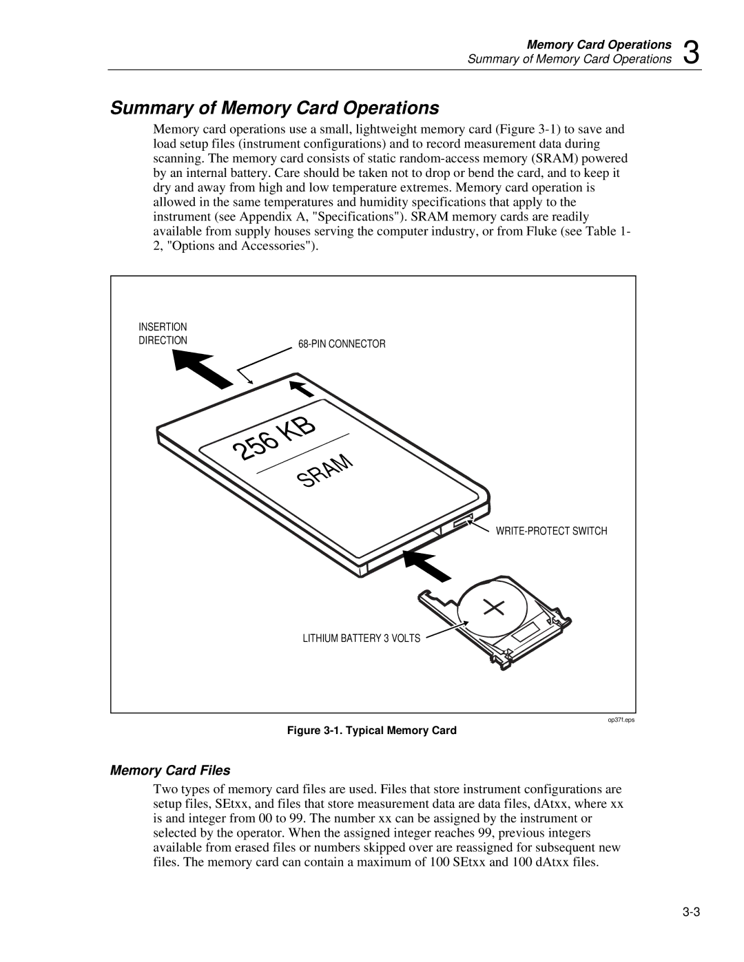 Fluke 2635A Summary of Memory Card Operations, Memory Card Files, Insertion Direction PIN Connector, WRITE-PROTECT Switch 