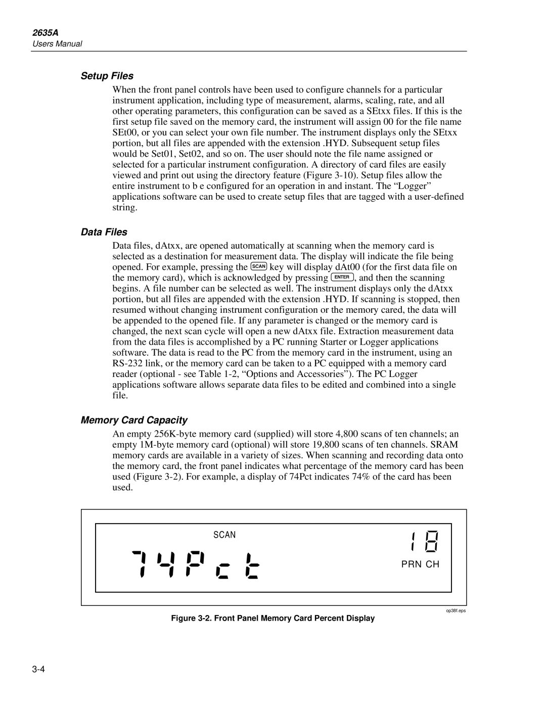 Fluke 2635A user manual Setup Files, Data Files, Memory Card Capacity 