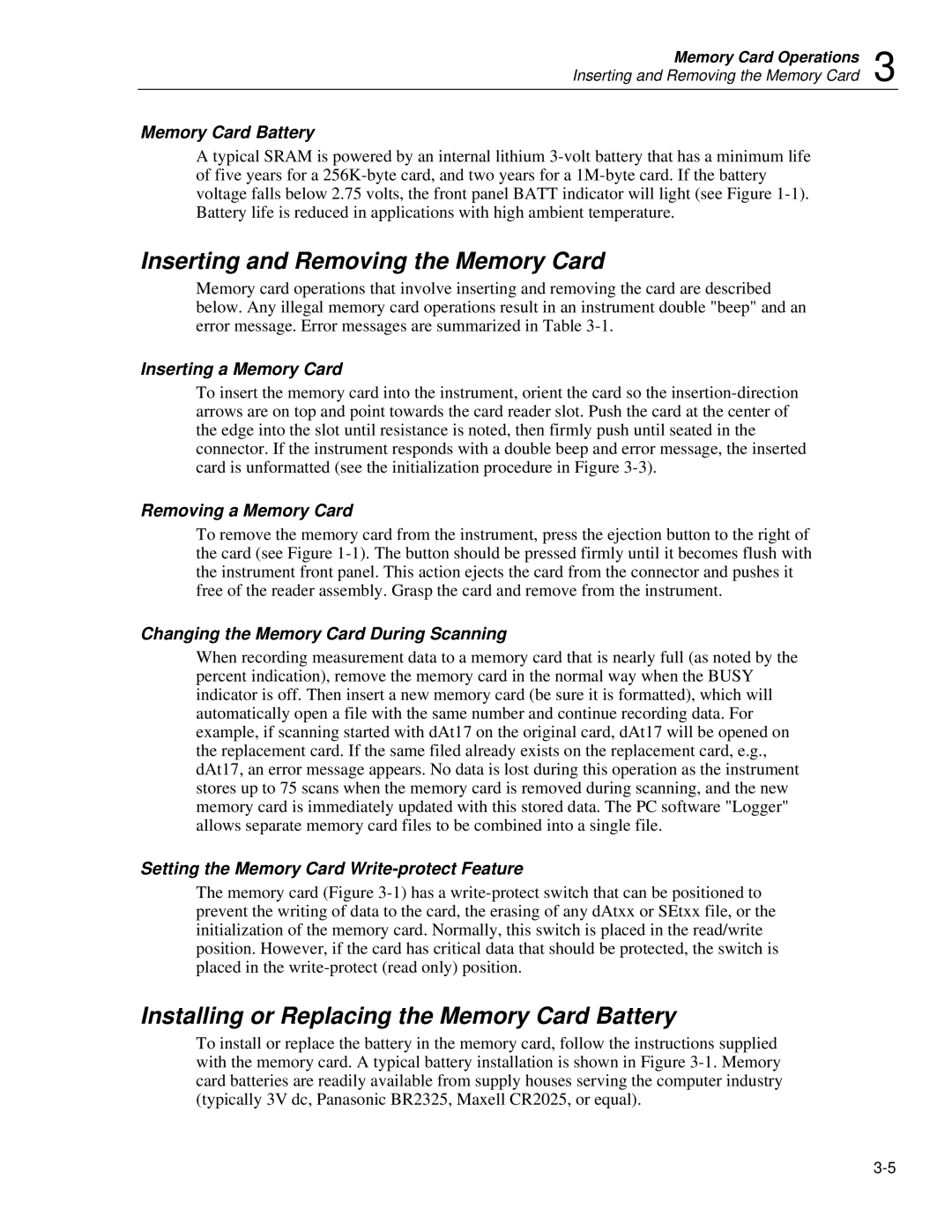 Fluke 2635A user manual Inserting and Removing the Memory Card, Installing or Replacing the Memory Card Battery 