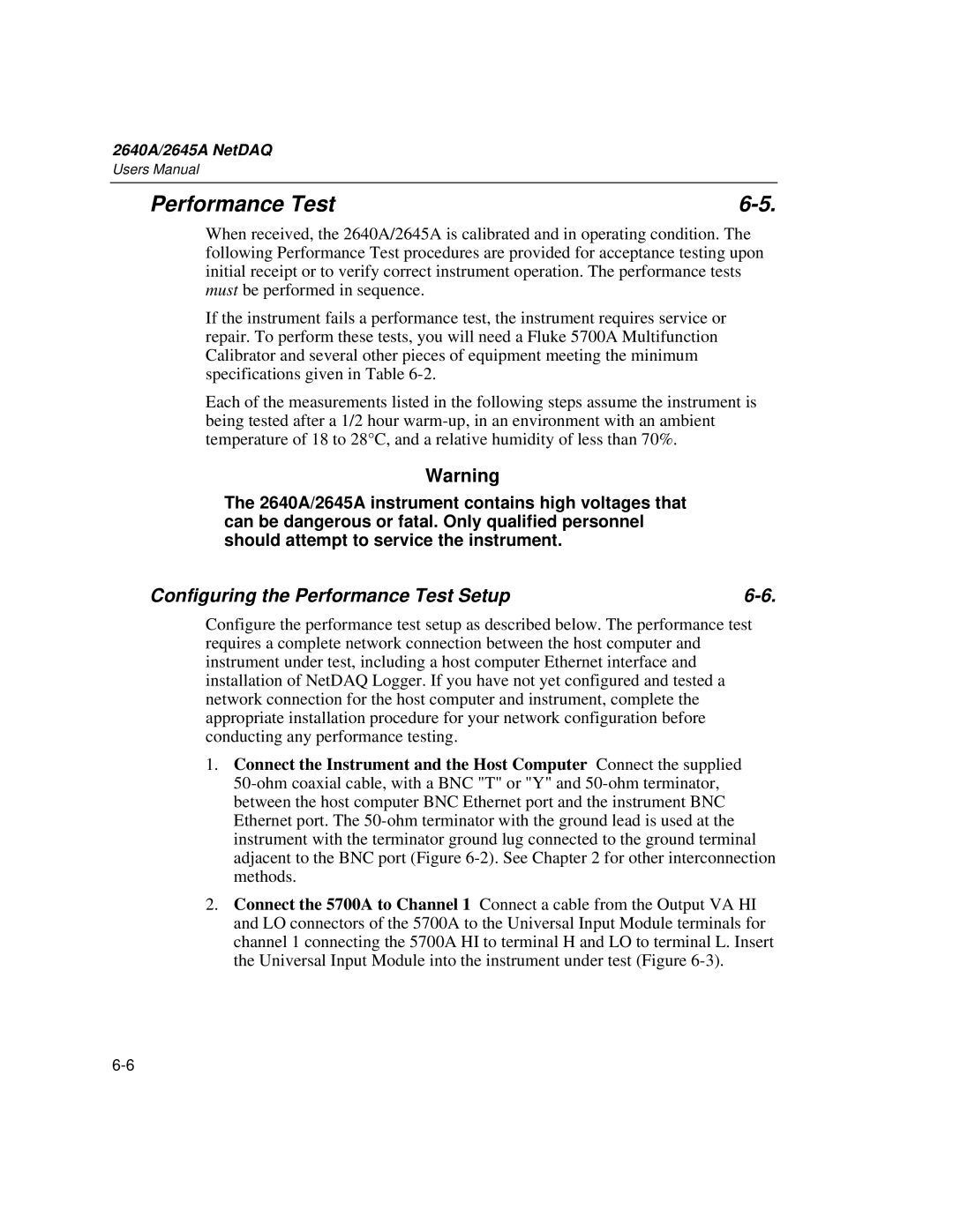 Fluke 2645A, 2640A user manual Configuring the Performance Test Setup 