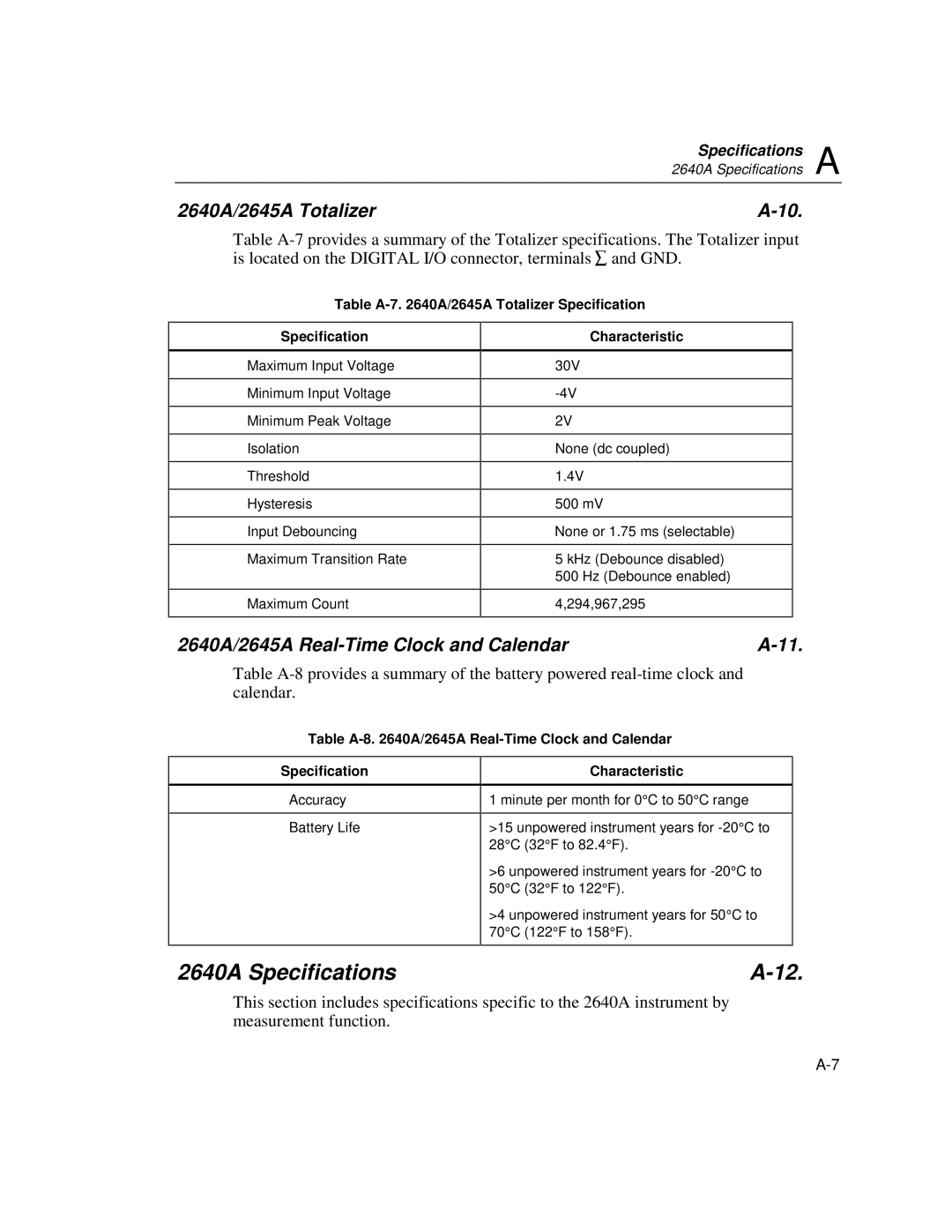 Fluke user manual 2640A Specifications, 2640A/2645A Totalizer, 2640A/2645A Real-Time Clock and Calendar 