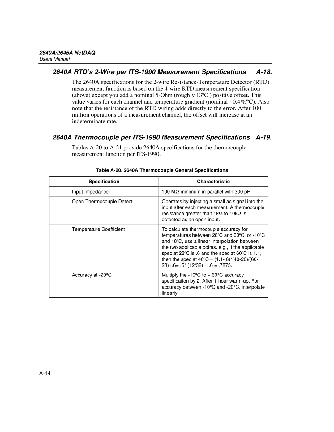 Fluke 2645A, 2640A user manual Table A-20 a Thermocouple General Specifications 