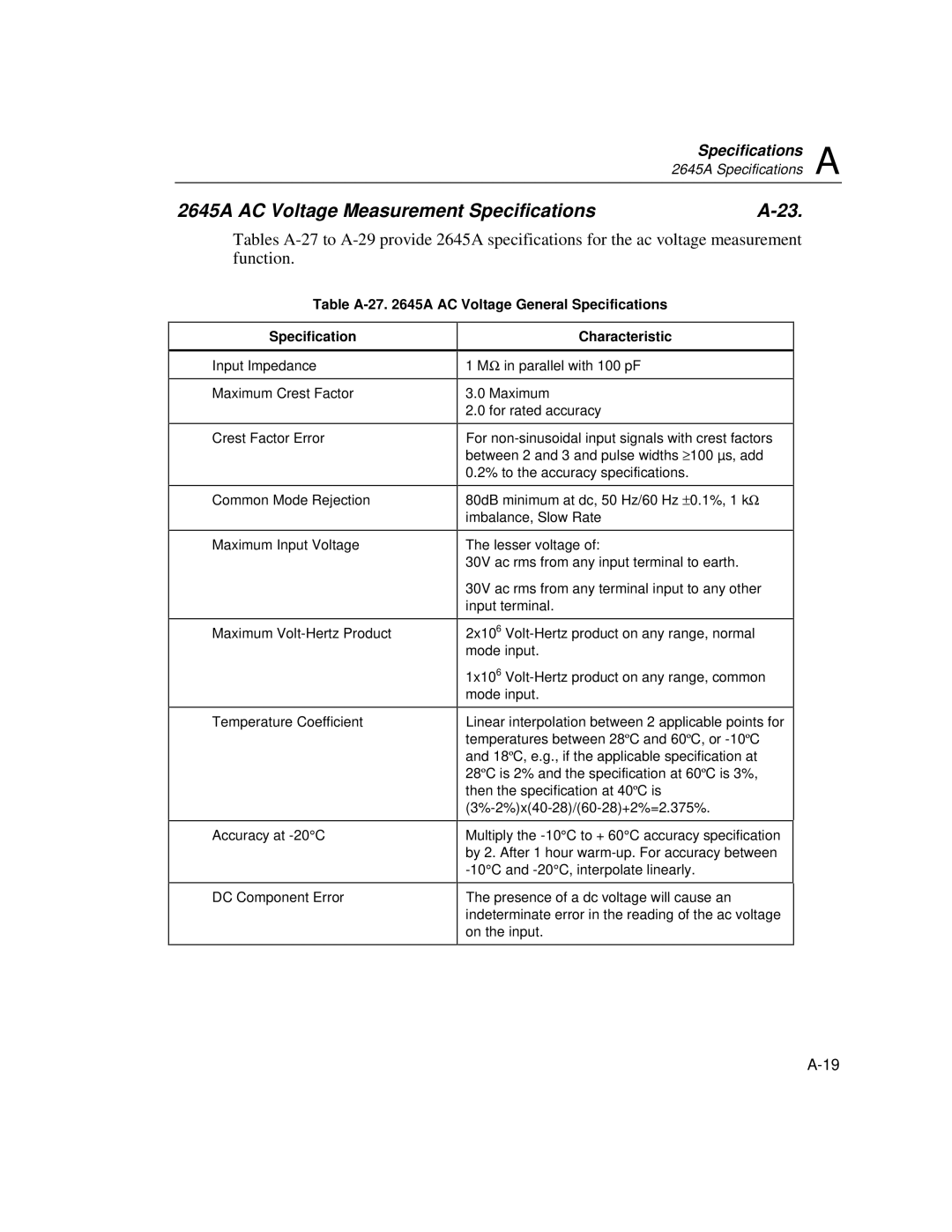 Fluke 2640A user manual 2645A AC Voltage Measurement Specifications, Table A-27 a AC Voltage General Specifications 