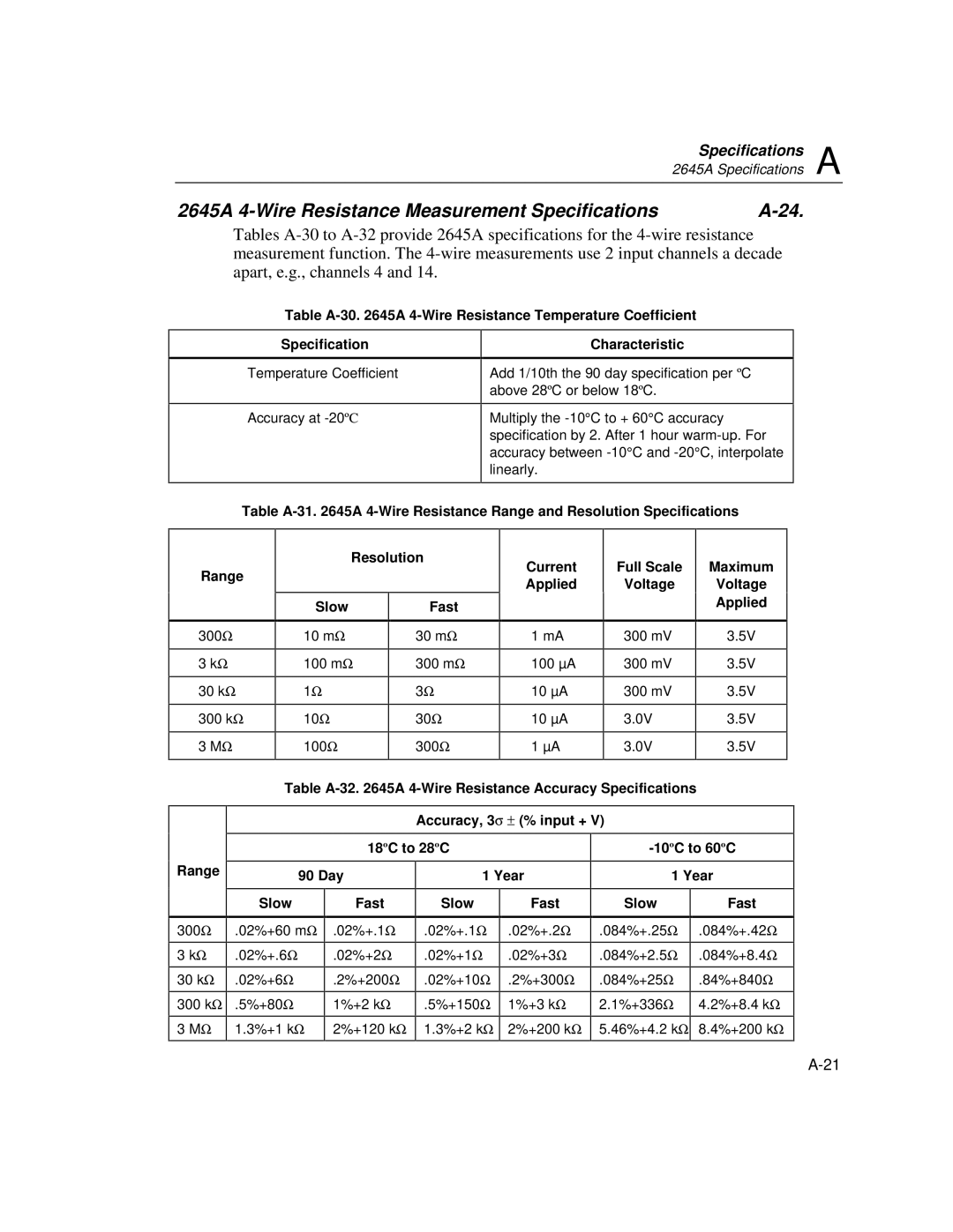 Fluke 2640A user manual 2645A 4-Wire Resistance Measurement Specifications, Resolution Slow Fast 