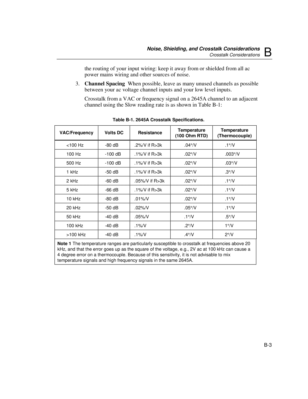 Fluke 2640A, 2645A user manual Table B-1 a Crosstalk Specifications VAC/Frequency, Volts DC, Resistance, Temperature Ohm RTD 