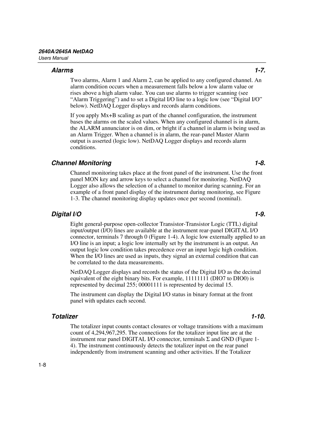 Fluke 2645A, 2640A user manual Alarms, Channel Monitoring, Digital I/O, Totalizer 
