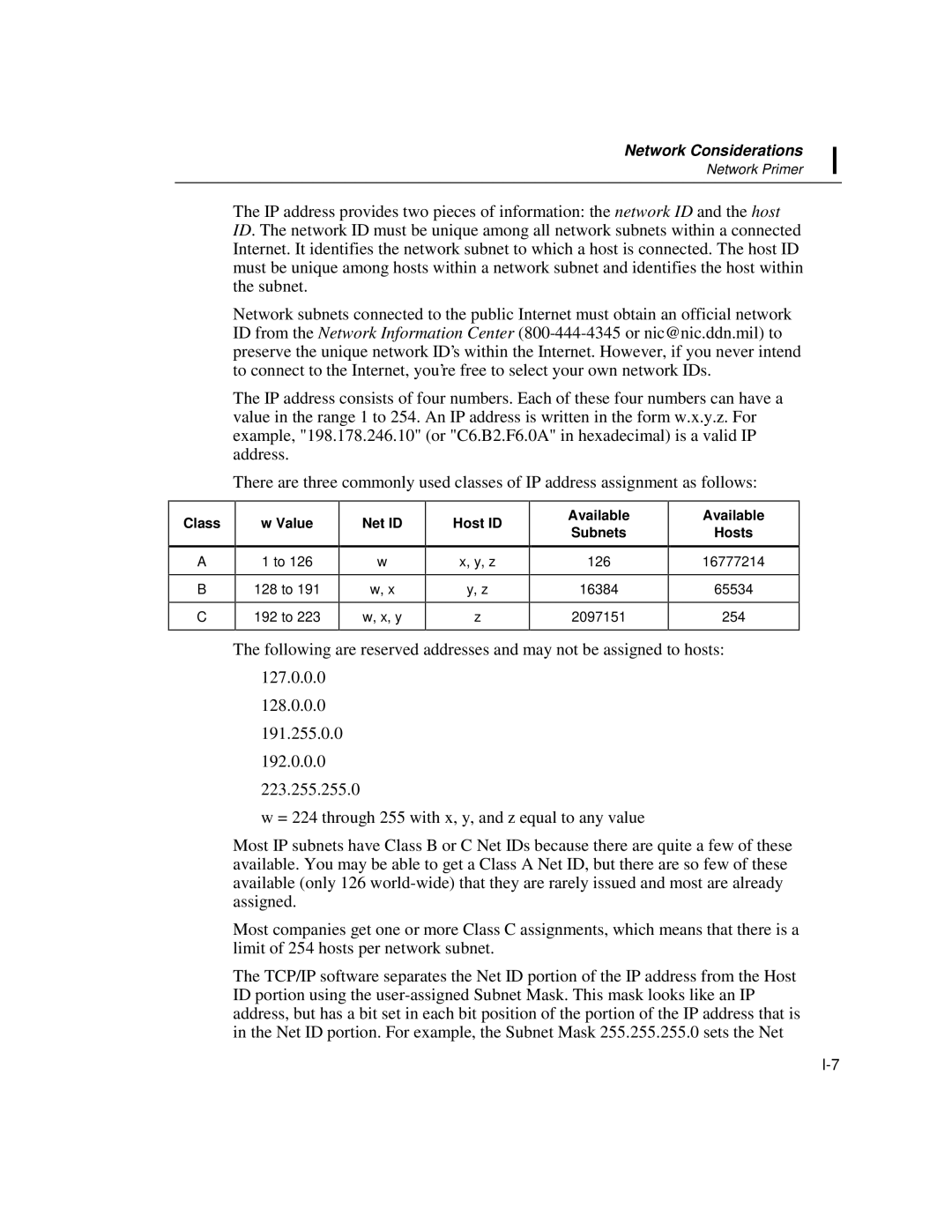 Fluke 2640A, 2645A user manual Class Value, Net ID Host ID Available Subnets, Available Hosts 