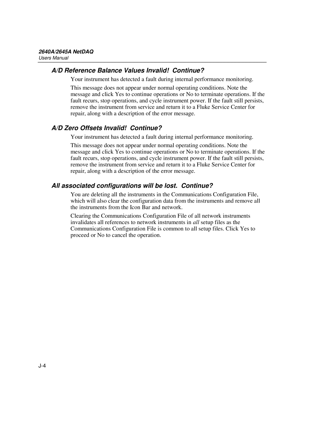 Fluke 2645A, 2640A user manual Reference Balance Values Invalid! Continue?, Zero Offsets Invalid! Continue? 