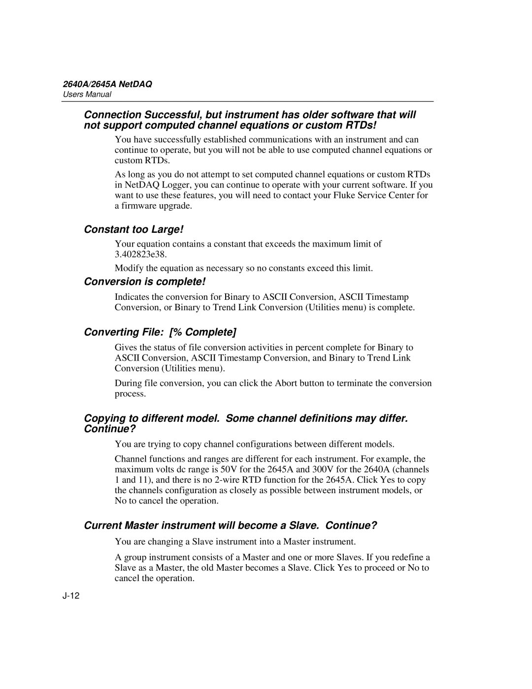 Fluke 2645A, 2640A user manual Constant too Large, Conversion is complete, Converting File % Complete 