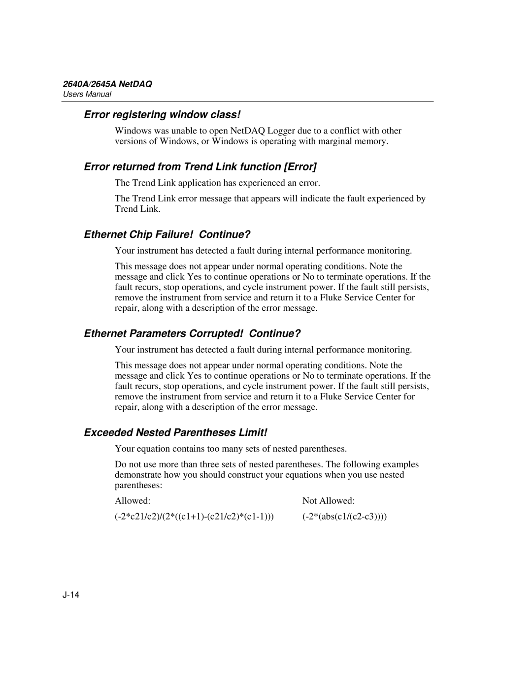 Fluke 2645A, 2640A user manual Error registering window class, Error returned from Trend Link function Error 