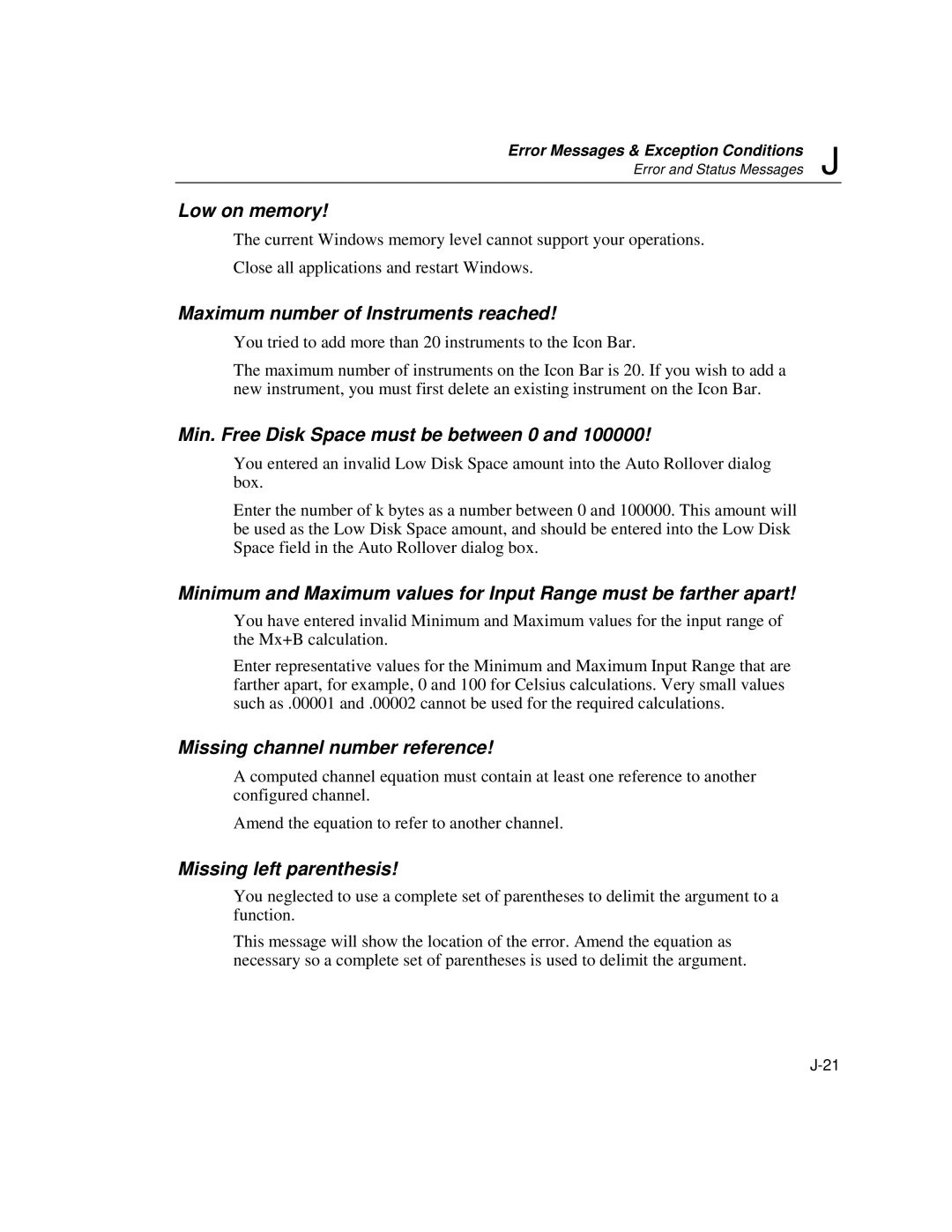 Fluke 2640A, 2645A user manual Low on memory, Maximum number of Instruments reached, Min. Free Disk Space must be between 0 