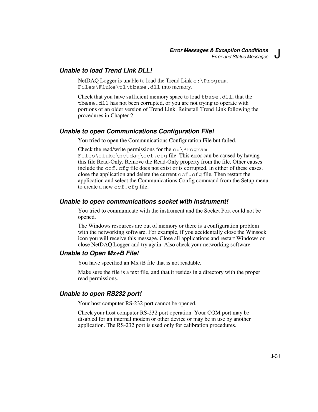 Fluke 2640A Unable to load Trend Link DLL, Unable to open Communications Configuration File, Unable to Open Mx+B File 