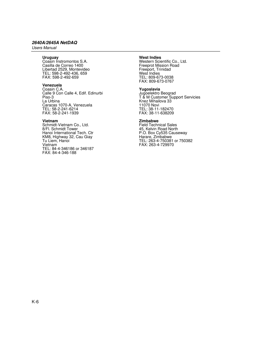 Fluke 2645A, 2640A user manual Uruguay West Indies, Venezuela, Yugoslavia, Vietnam Zimbabwe 