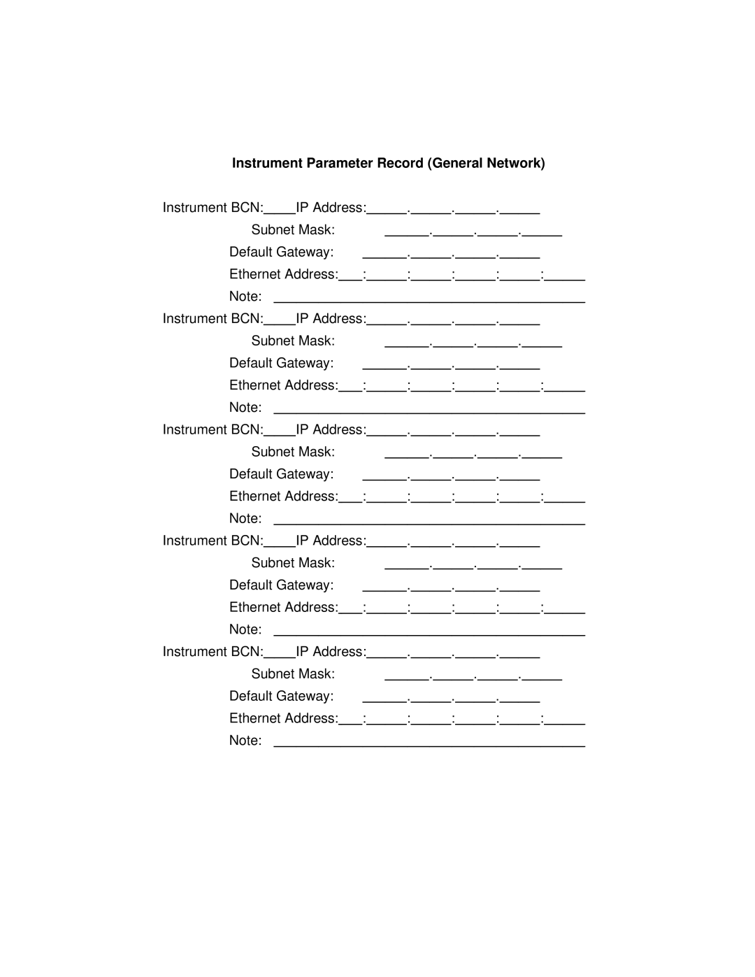 Fluke 2645A, 2640A user manual Instrument Parameter Record General Network 