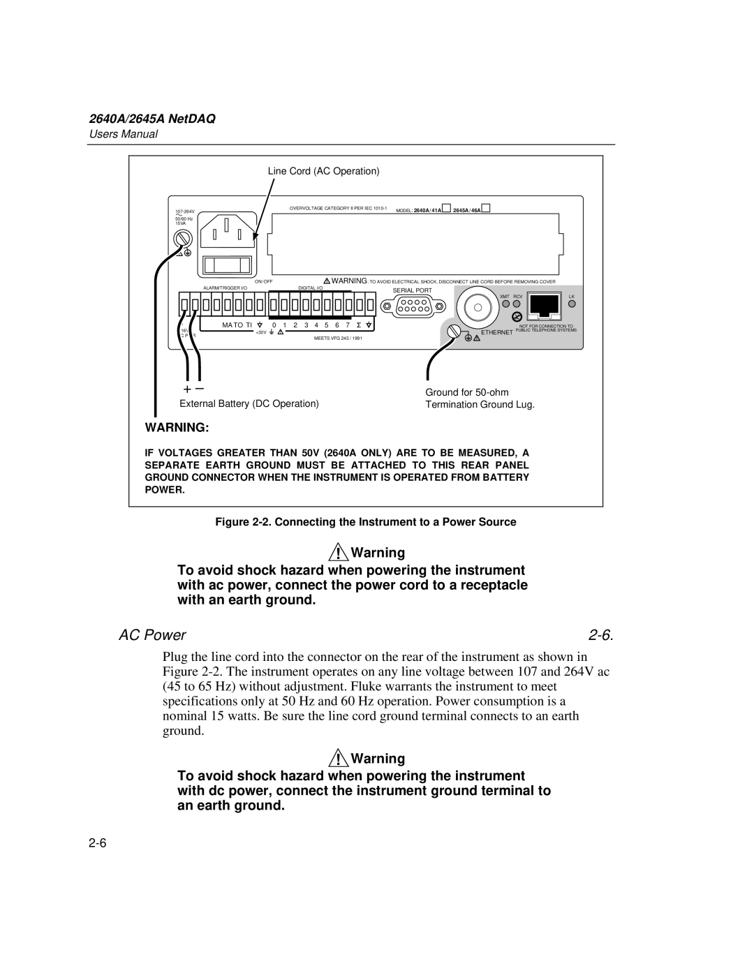 Fluke 2645A, 2640A user manual AC Power, Connecting the Instrument to a Power Source 