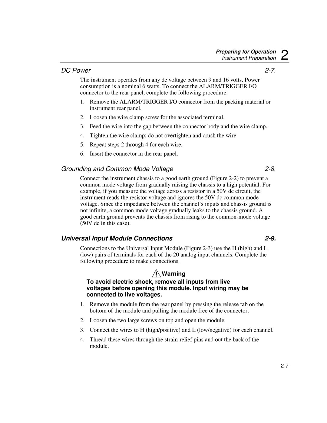 Fluke 2640A, 2645A user manual DC Power, Grounding and Common Mode Voltage, Universal Input Module Connections 