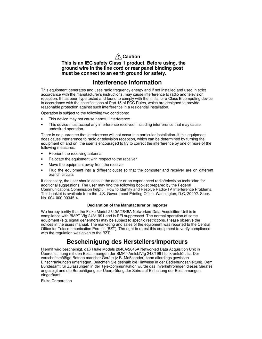 Fluke 2645A, 2640A user manual Interference Information, Declaration of the Manufacturer or Importer 