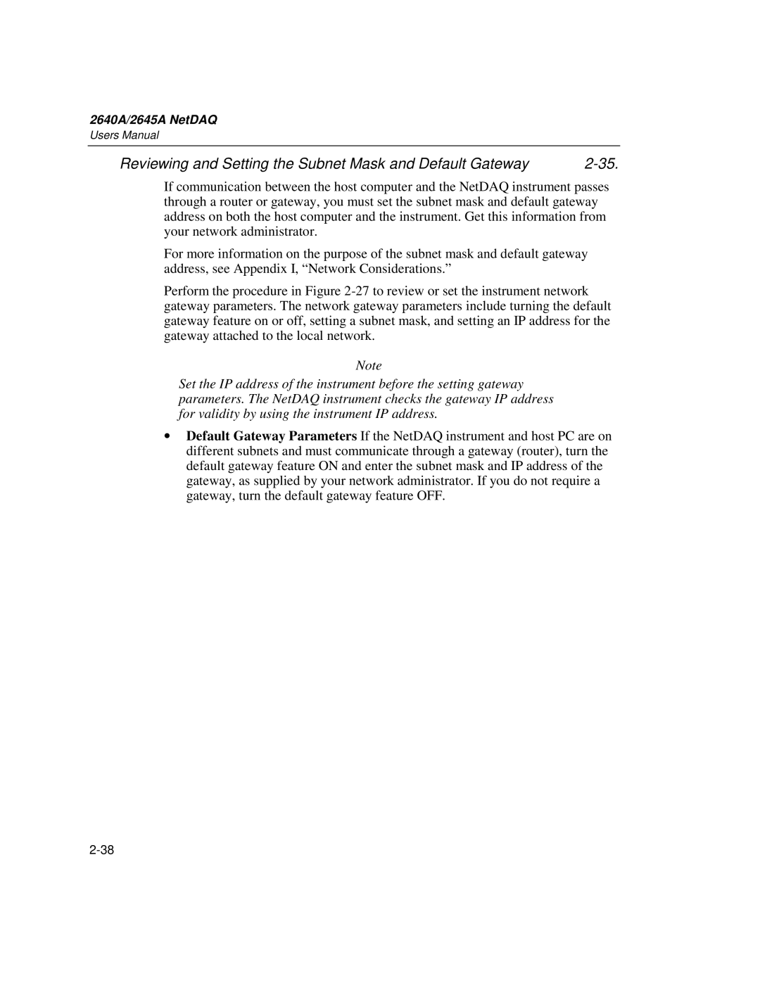 Fluke 2645A, 2640A user manual Reviewing and Setting the Subnet Mask and Default Gateway 