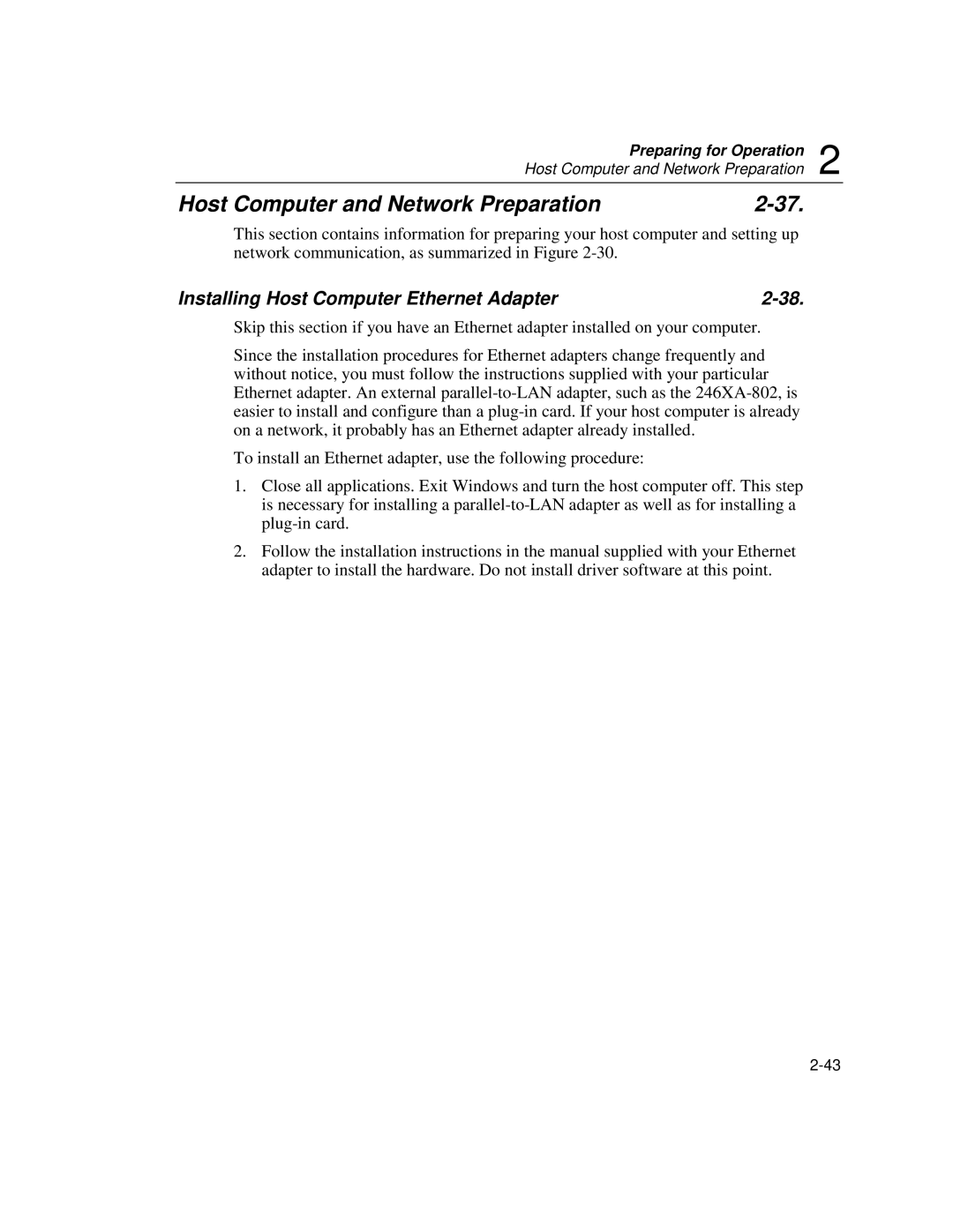 Fluke 2640A, 2645A user manual Host Computer and Network Preparation, Installing Host Computer Ethernet Adapter 