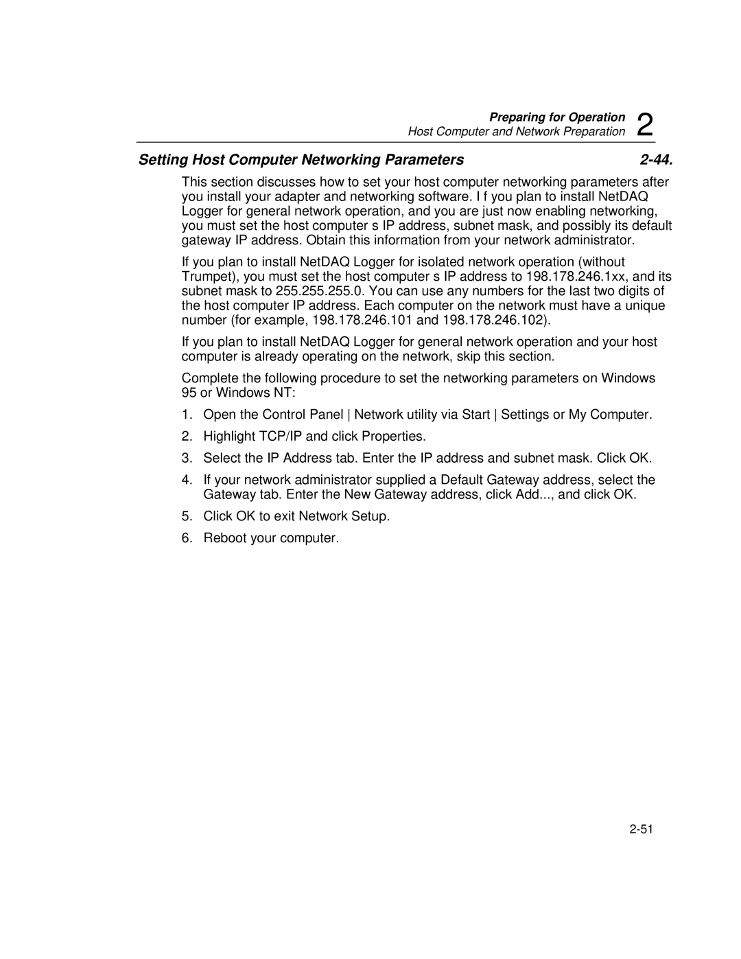 Fluke 2640A, 2645A user manual Setting Host Computer Networking Parameters 