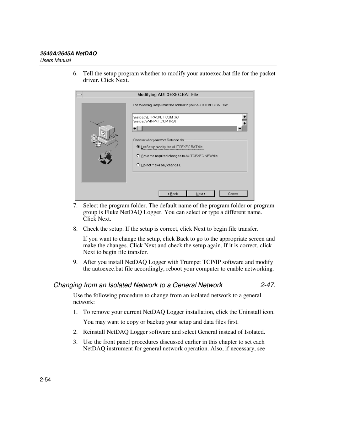 Fluke 2645A, 2640A user manual Changing from an Isolated Network to a General Network 