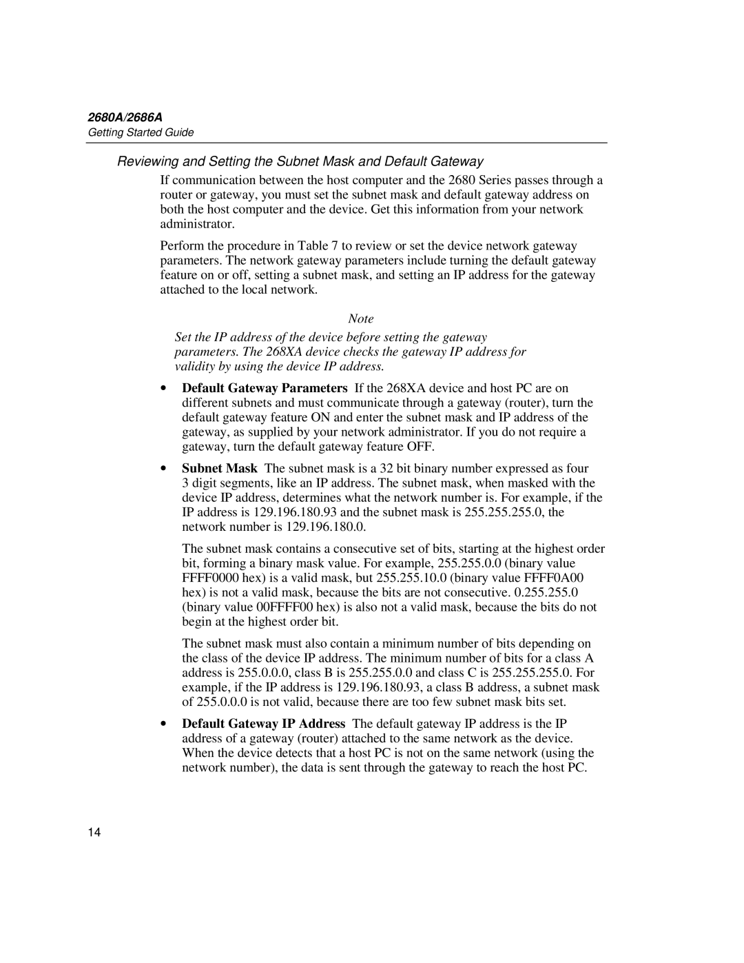 Fluke 2680A, 2686A manual Reviewing and Setting the Subnet Mask and Default Gateway 