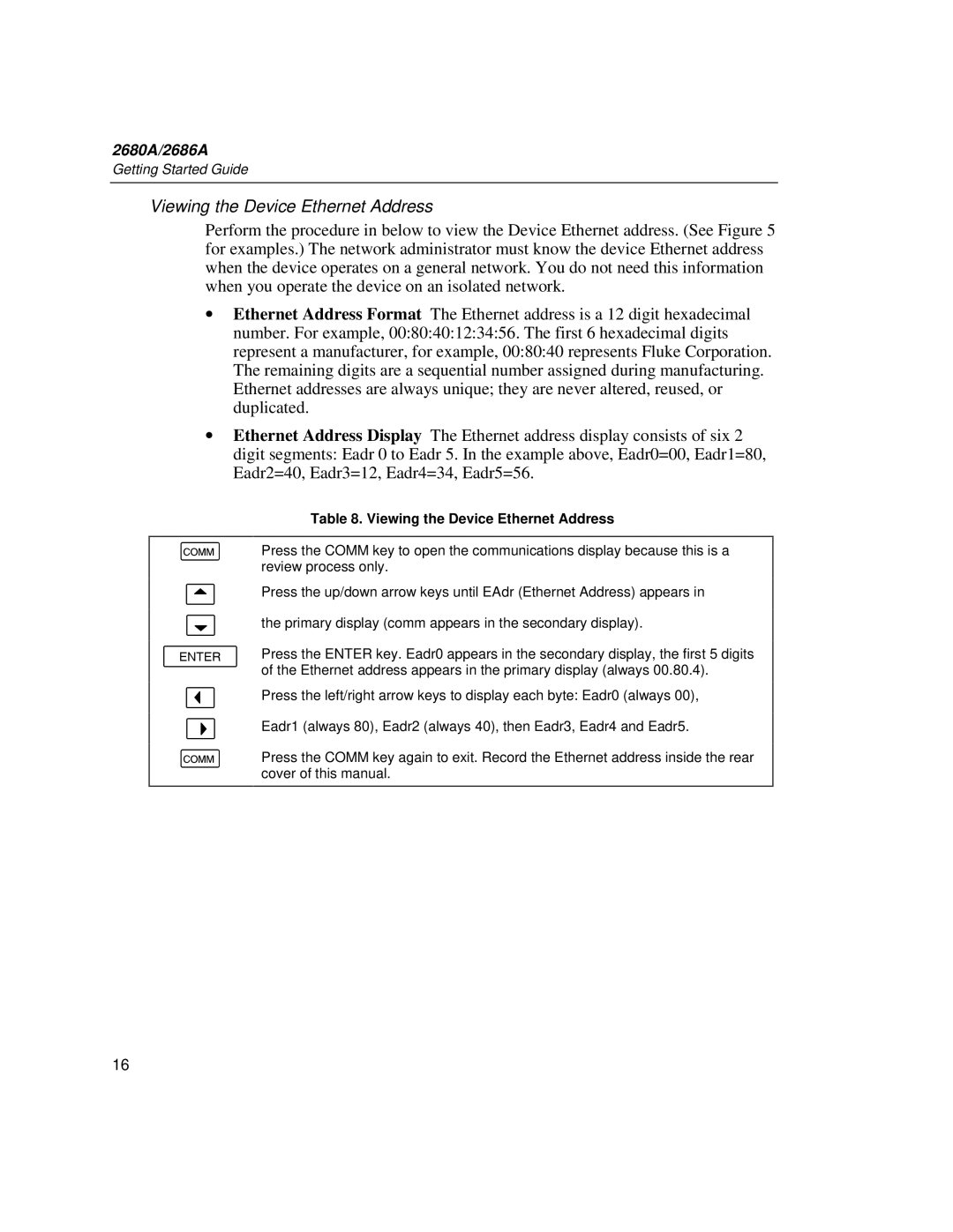 Fluke 2680A, 2686A manual Viewing the Device Ethernet Address 