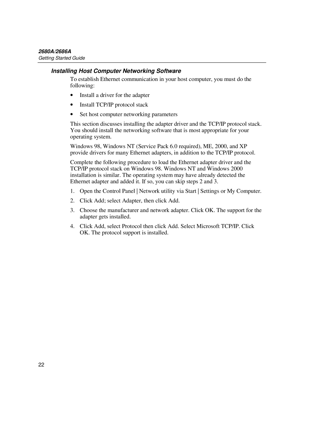 Fluke 2680A, 2686A manual Installing Host Computer Networking Software 