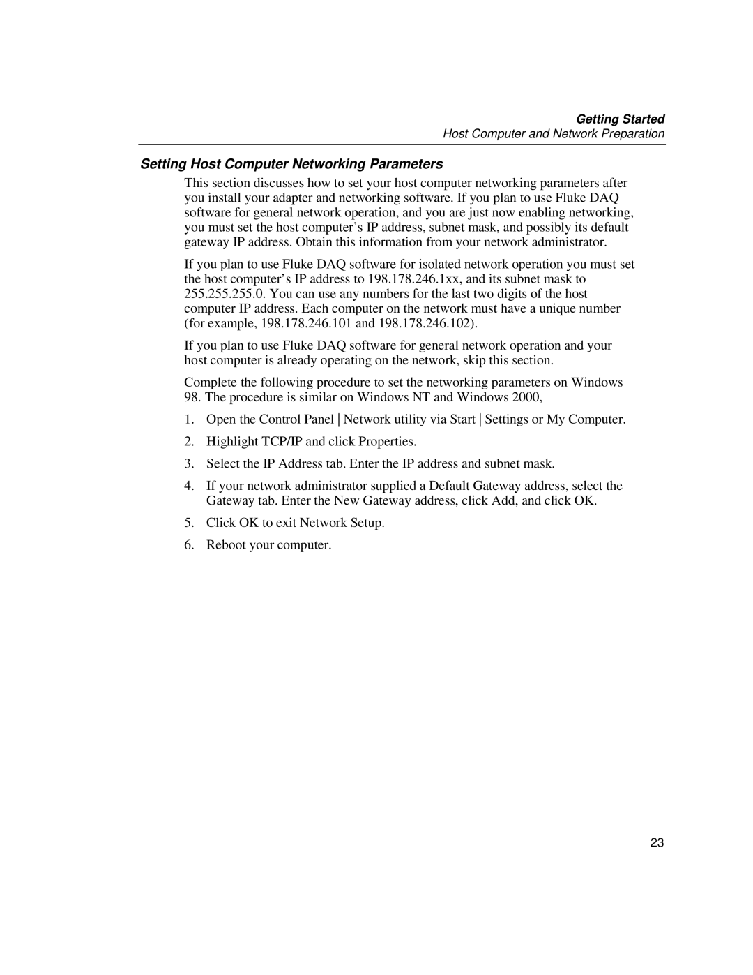 Fluke 2686A, 2680A manual Setting Host Computer Networking Parameters 