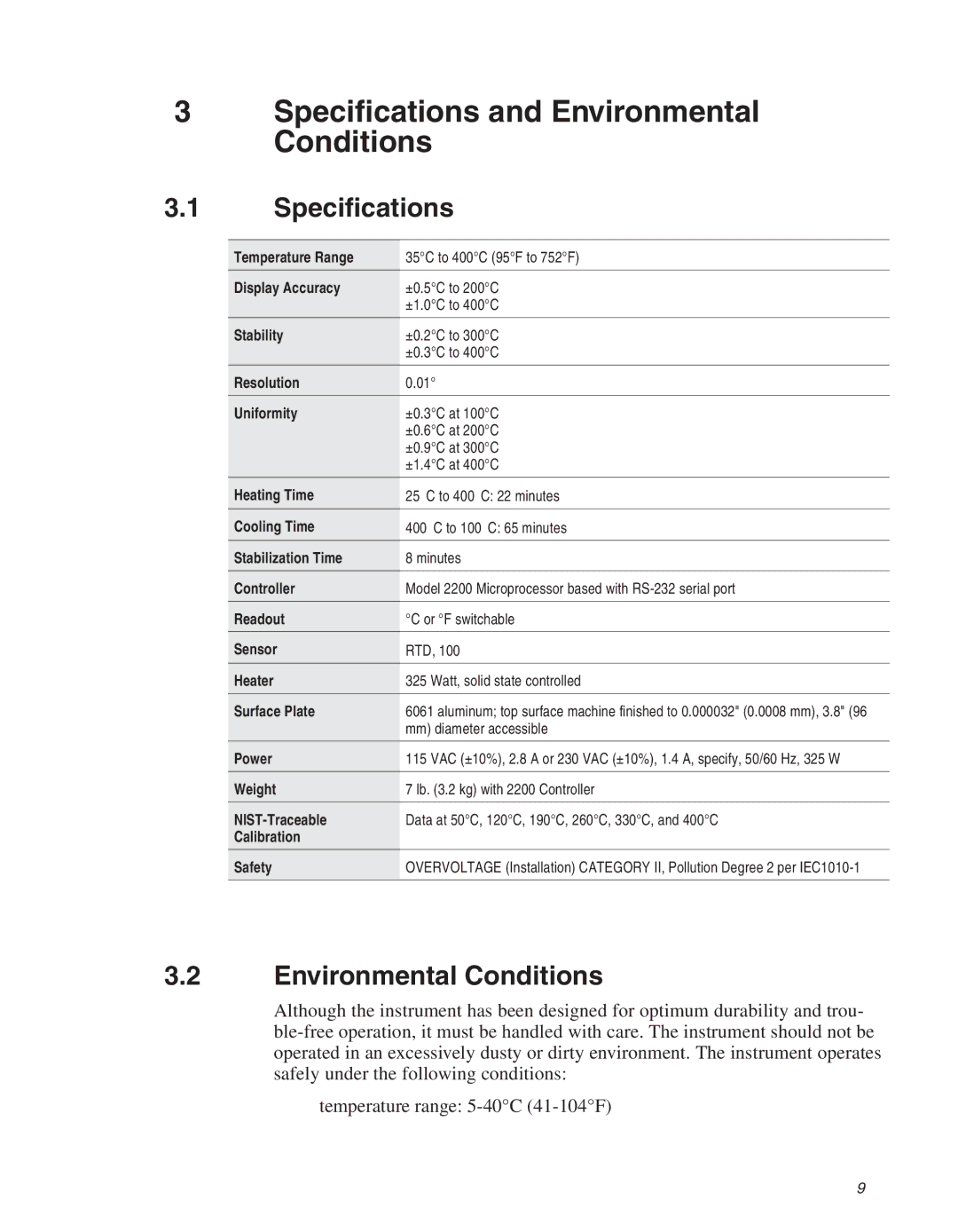 Fluke 3125 user manual Specifications and Environmental Conditions 