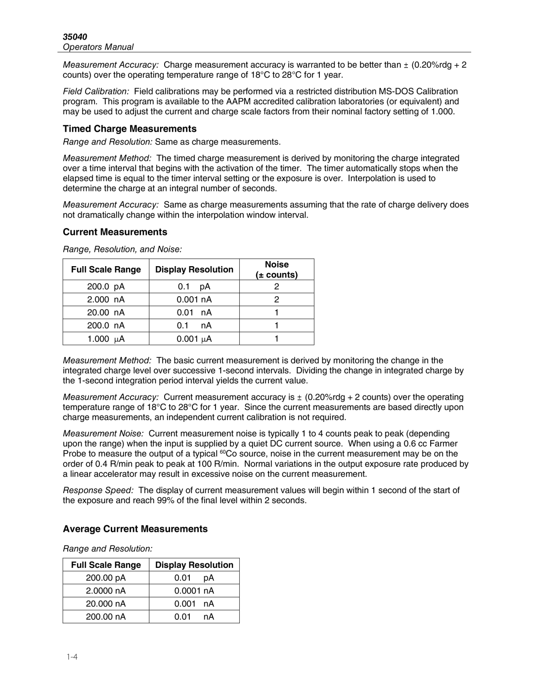 Fluke 35040 manual Timed Charge Measurements, Average Current Measurements, Full Scale Range Display Resolution 