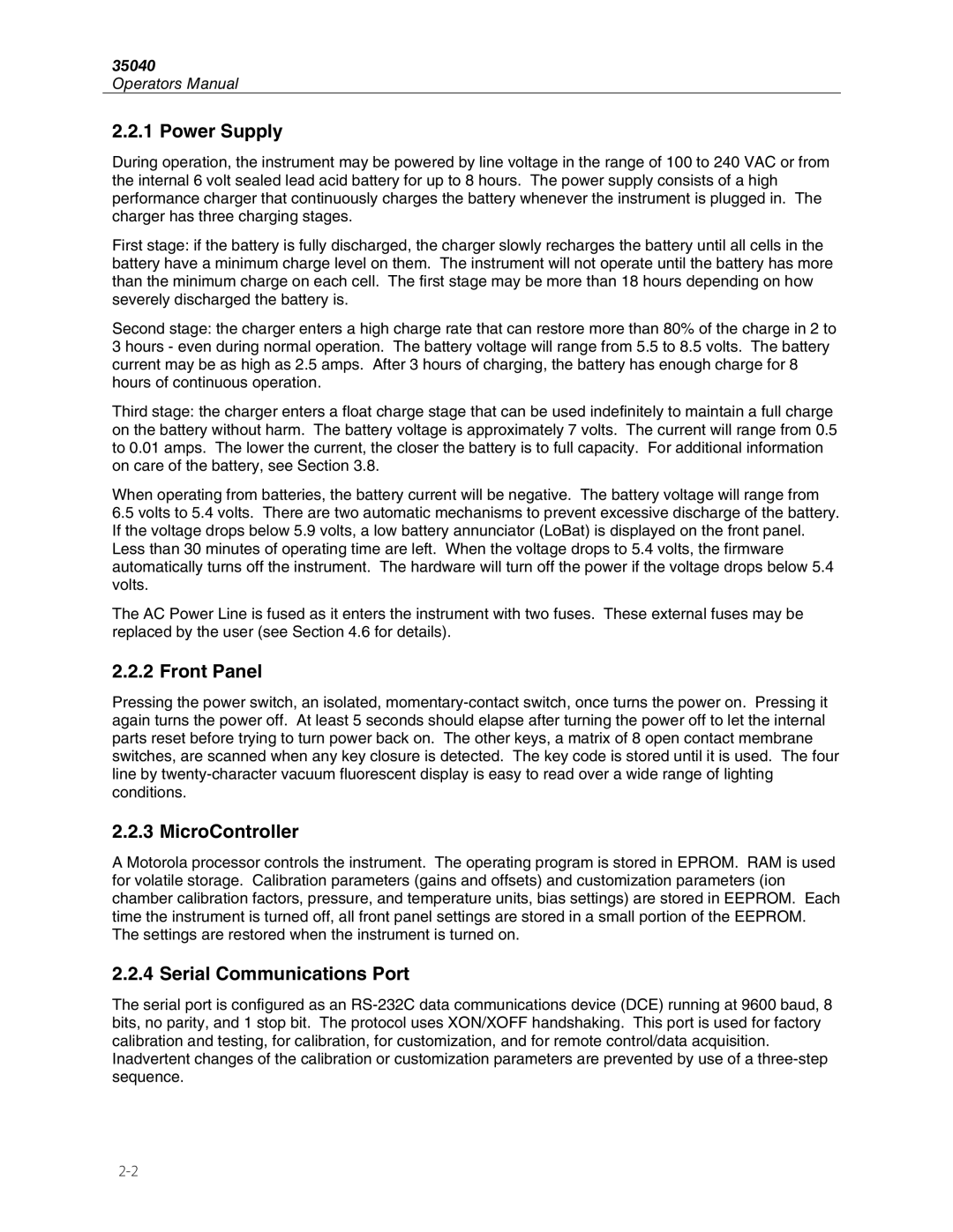 Fluke 35040 manual Power Supply, Front Panel, MicroController, Serial Communications Port 