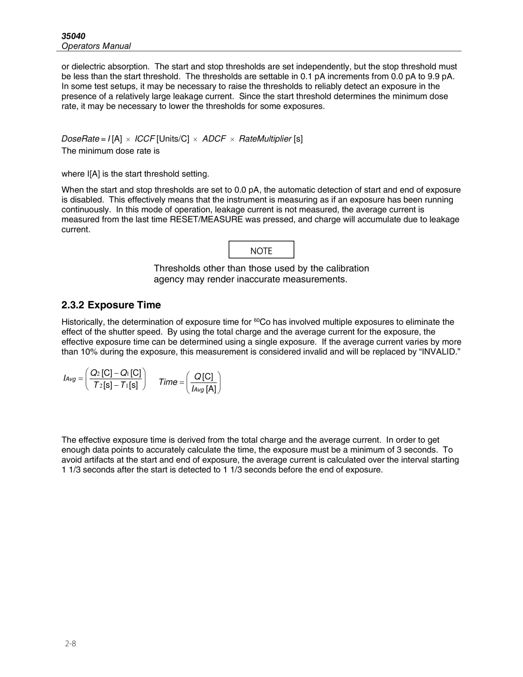 Fluke 35040 manual Exposure Time, DoseRate = I a × Iccf Units/C × Adcf × RateMultiplier s 