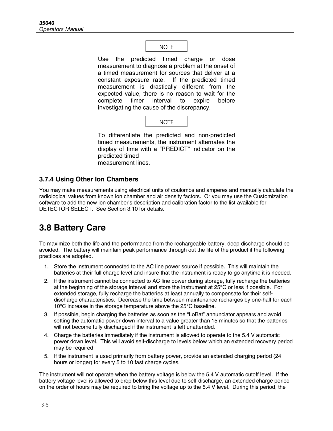 Fluke 35040 manual Battery Care, Using Other Ion Chambers 