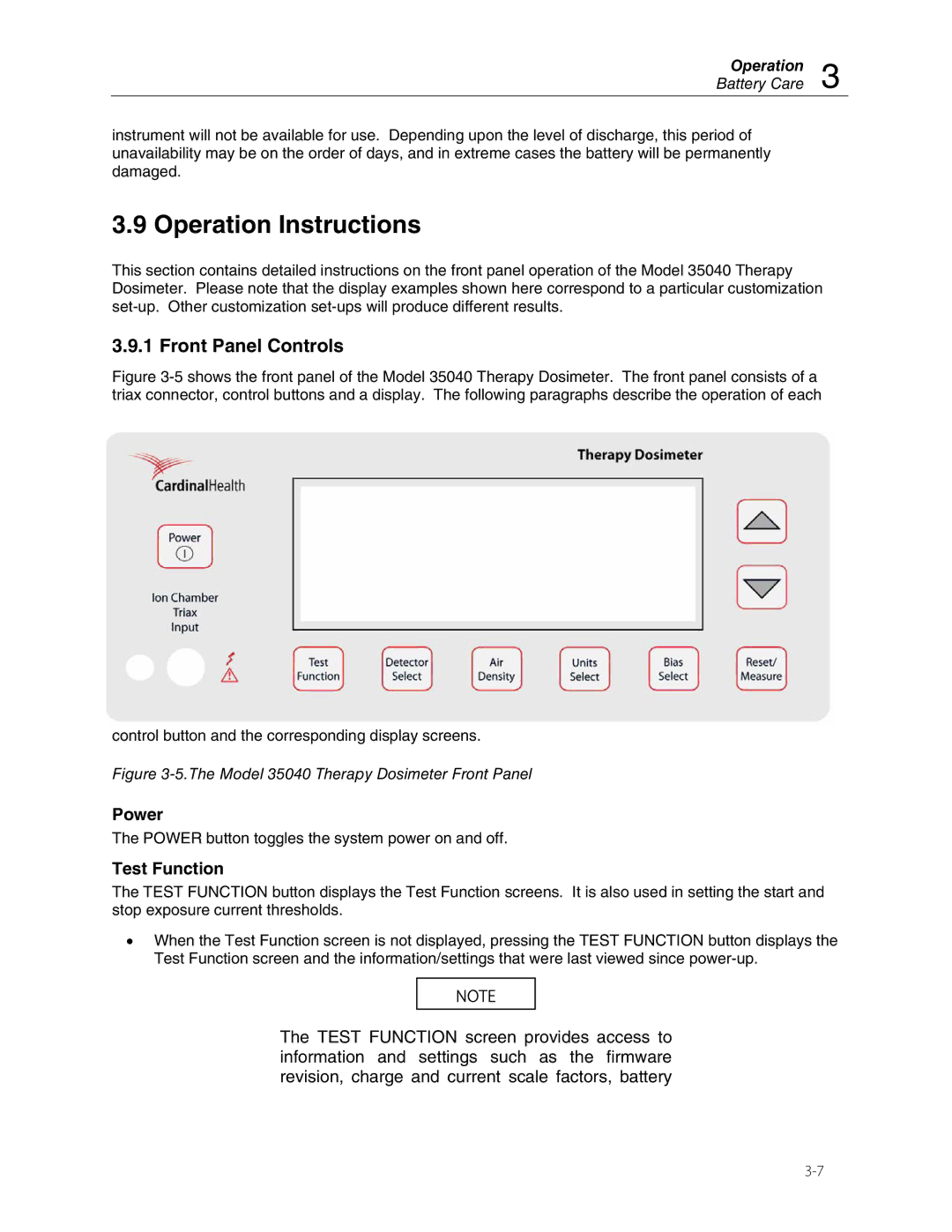 Fluke 35040 manual Operation Instructions, Front Panel Controls, Power, Test Function, Battery Care 