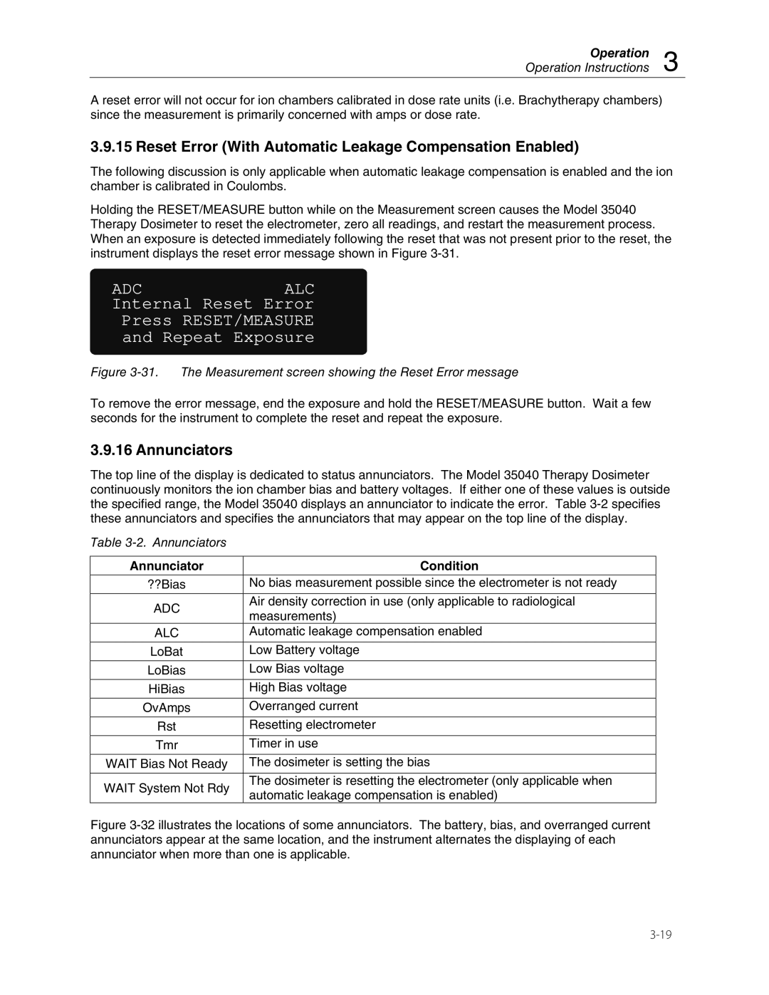 Fluke 35040 manual Reset Error With Automatic Leakage Compensation Enabled, Annunciators, Annunciator Condition 