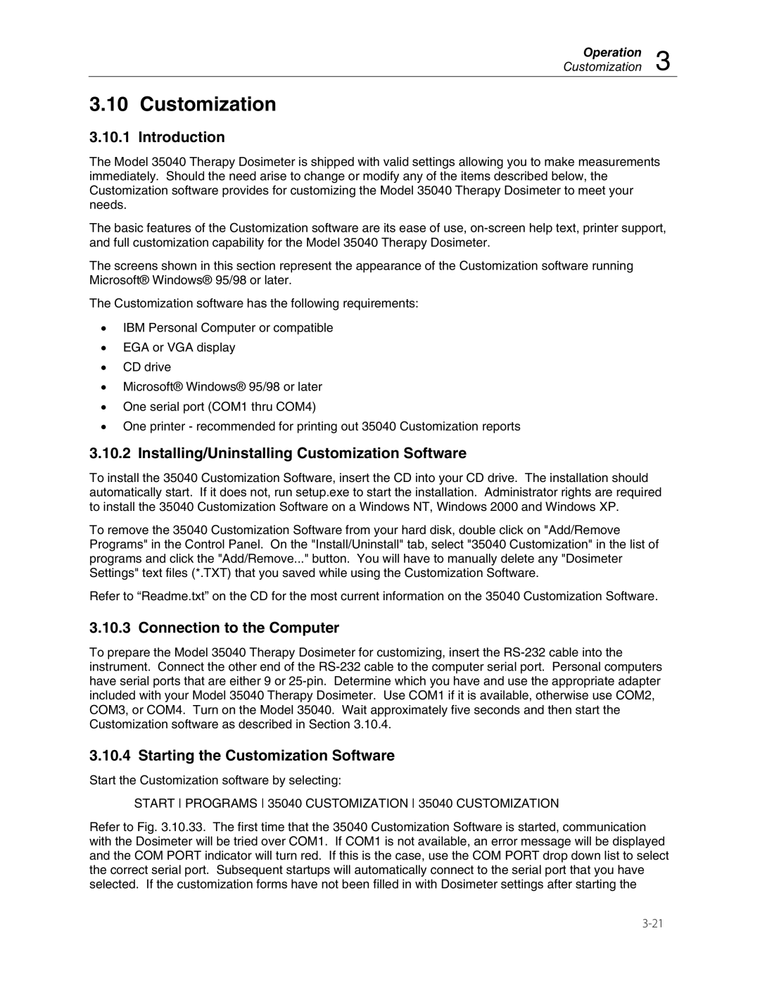 Fluke 35040 manual Installing/Uninstalling Customization Software, Connection to the Computer 