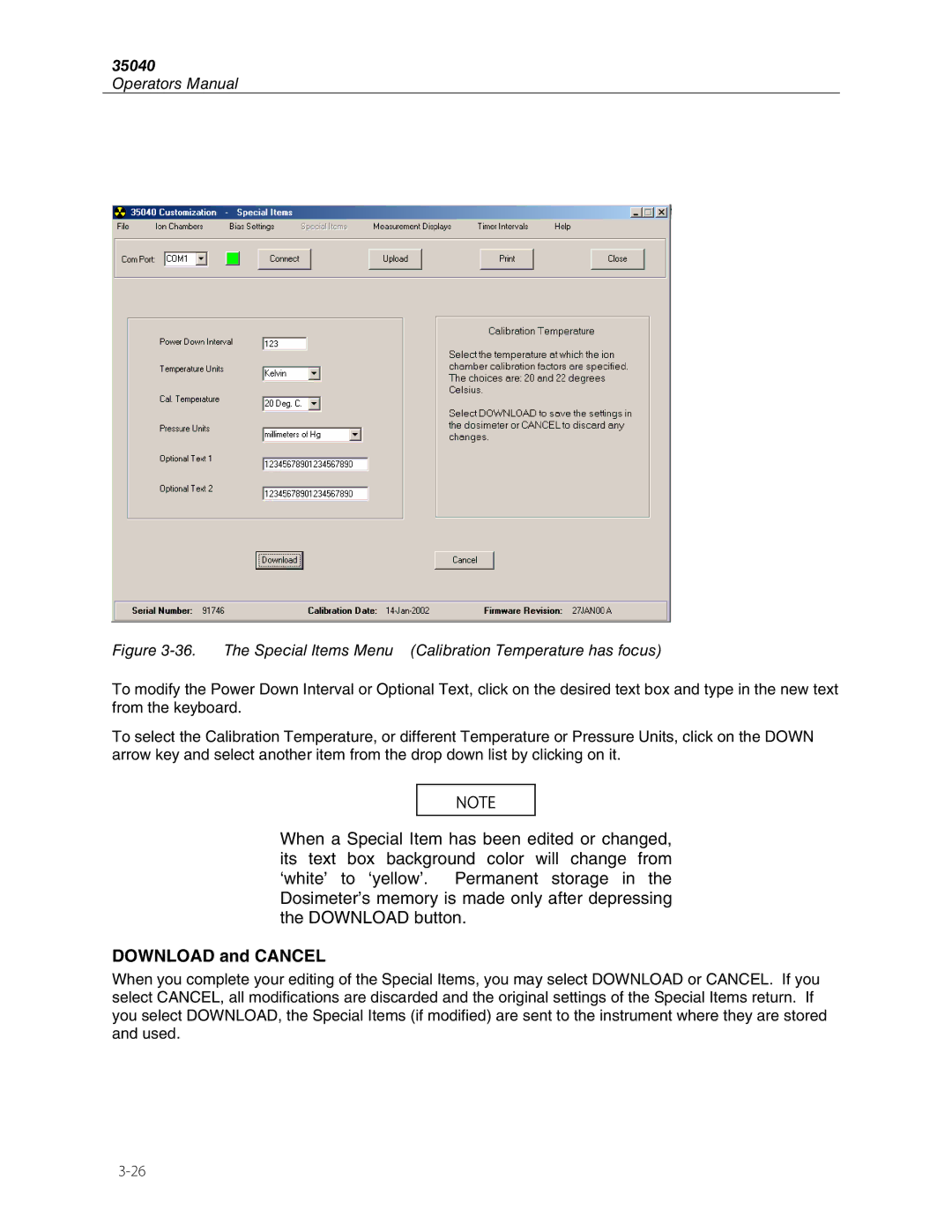 Fluke 35040 manual Download and Cancel, The Special Items Menu Calibration Temperature has focus 