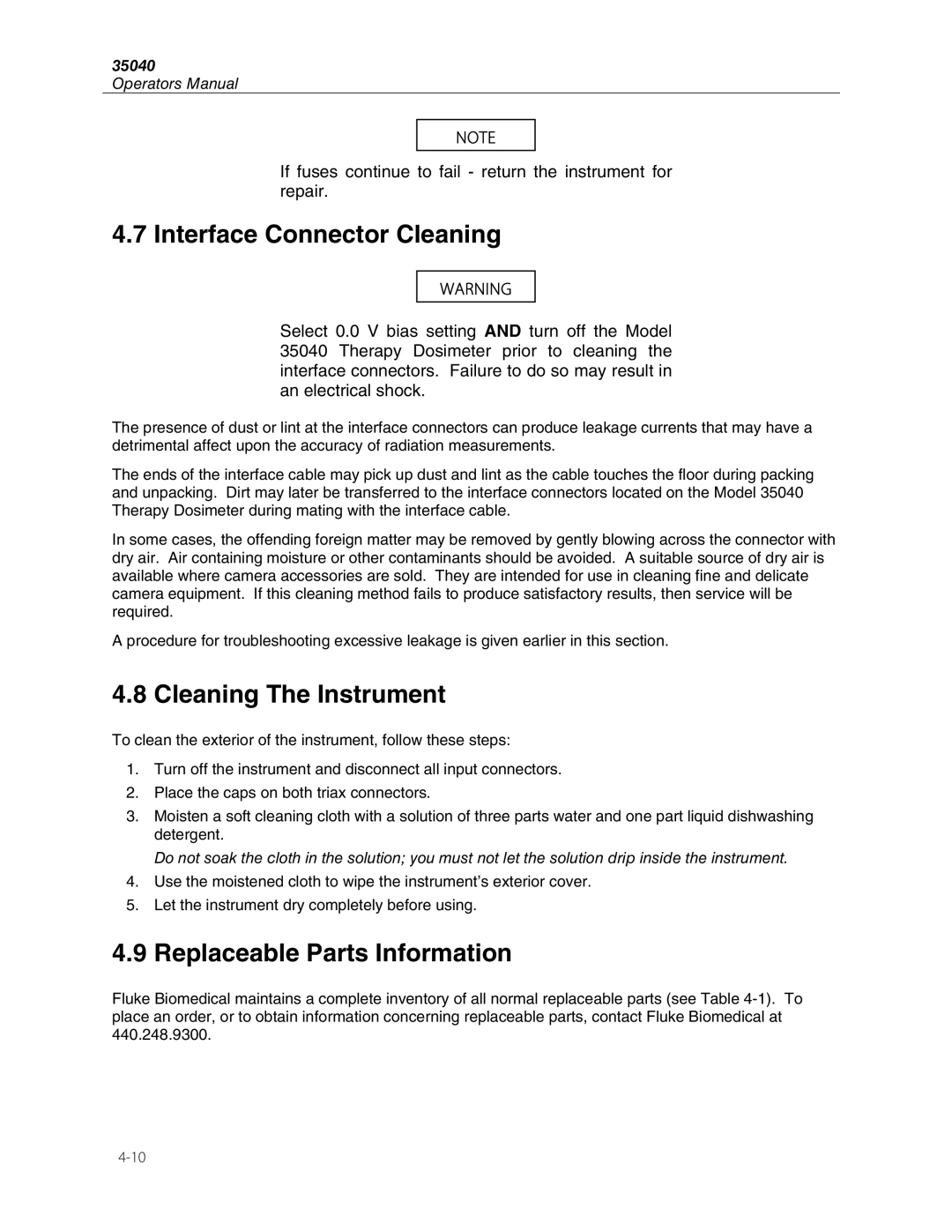 Fluke 35040 manual Interface Connector Cleaning, Cleaning The Instrument, Replaceable Parts Information 