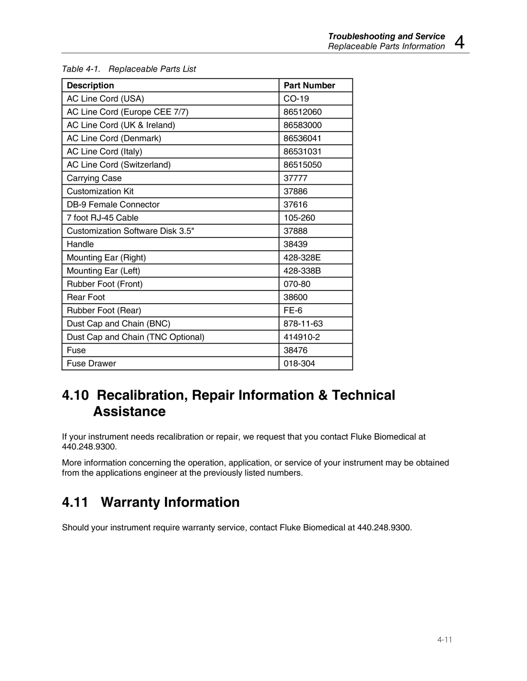 Fluke 35040 Recalibration, Repair Information & Technical Assistance, Warranty Information, Replaceable Parts Information 