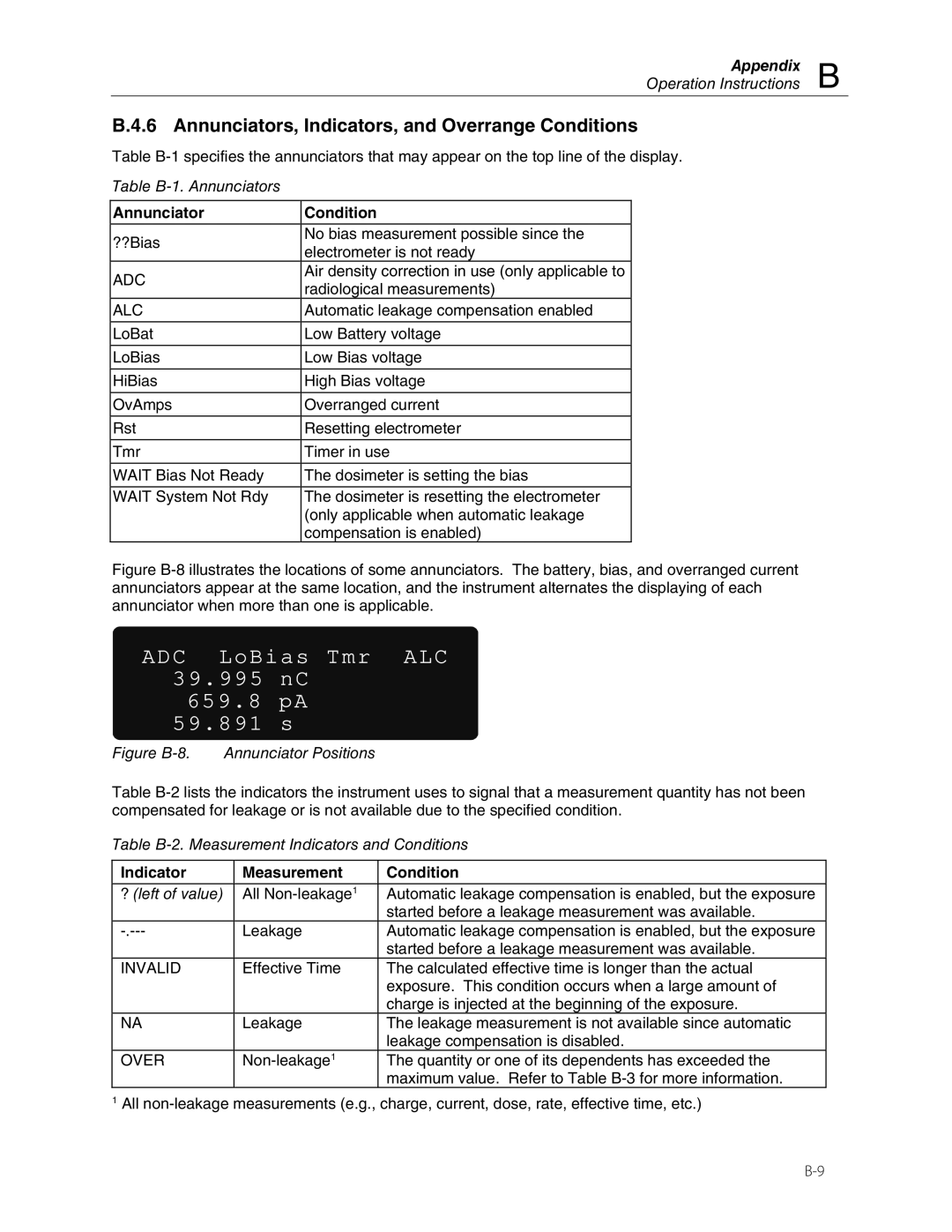 Fluke 35040 manual Annunciators, Indicators, and Overrange Conditions, Table B-1. Annunciators 