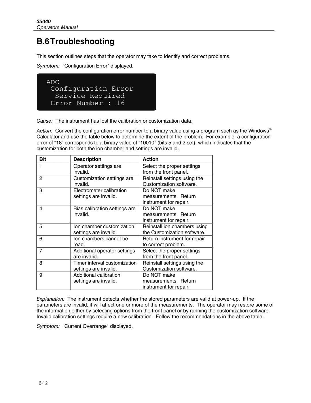 Fluke 35040 manual Configuration Error Service Required Error Number 